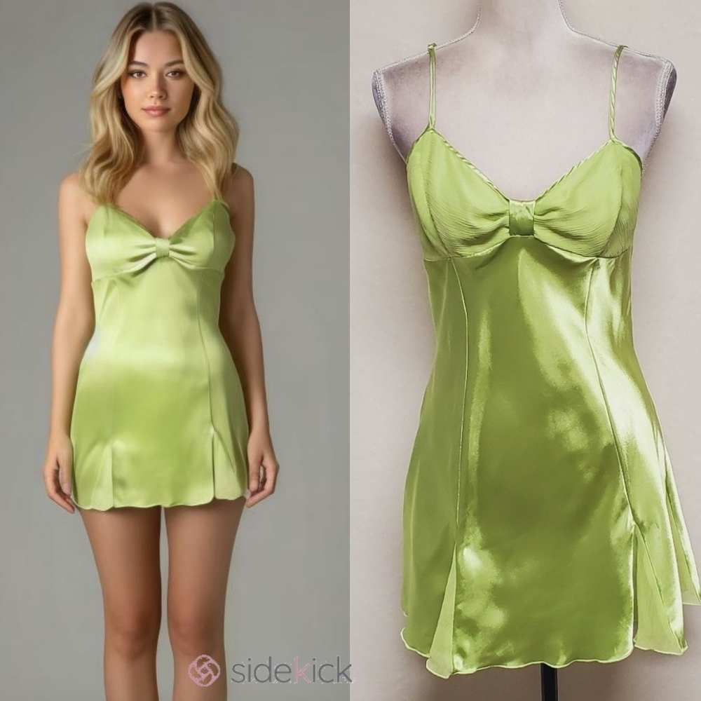 Rare 80s Vintage Surprise Parties Lime Green Charmeuse Chiffon Paneled Chemise.